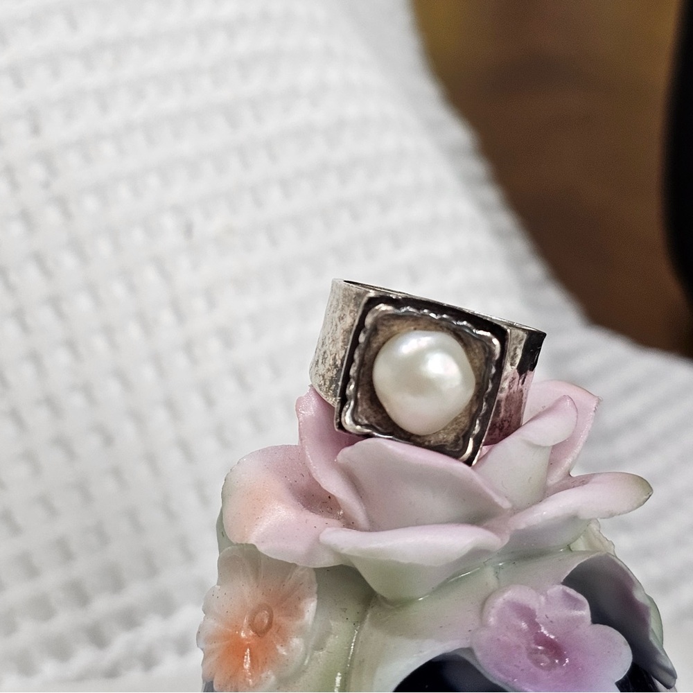 Silpada Rustic 925 Hammered Silver Pearl Ring Size 6 - Picture 8 of 15